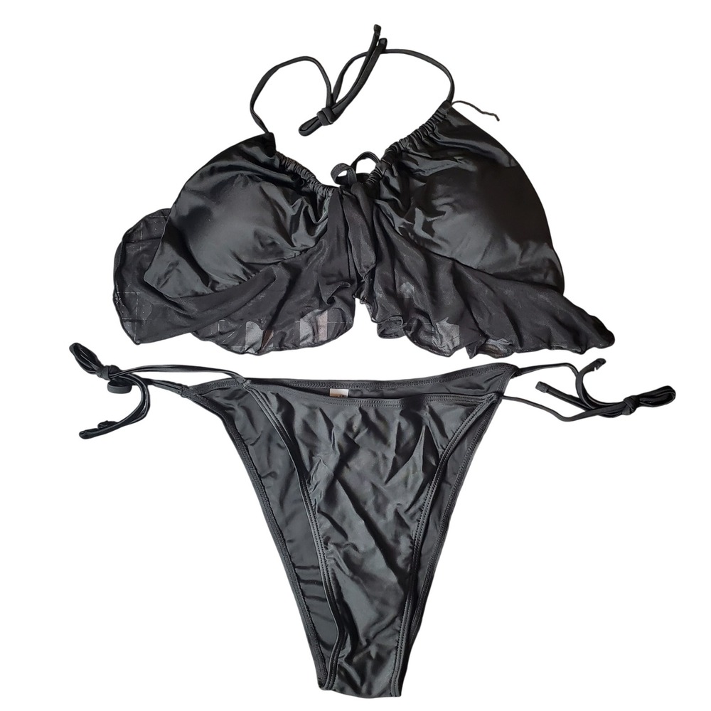 SHEIN Ruffle Mesh Bikini Set Womens Large Black New Side Tie